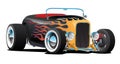 Custom Hot Rod Roadster Car with Flames, Chrome Rims and White Wall Tires, Isolated Vector Illustration