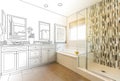 Custom Master Bathroom Design Drawing Gradating to a Photograph