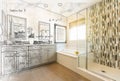 Custom Master Bathroom Design Drawing Gradating to Finished Photograph