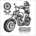 Custom motorcycles club Badge or Label With biker - monochrome vector illustration isolated on white