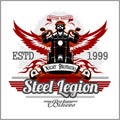 Custom motorcycles club Badge or Label With biker, wings and flame. Stell Legion.