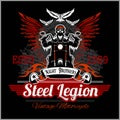 Custom motorcycles club Badge or Label With biker, wings and flame. Stell Legion. Royalty Free Stock Photo