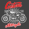 Custom motorcycles. Emblem template with old style motorcycle. Design element for logo, label, sign, emblem, poster. Royalty Free Stock Photo