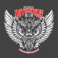 Custom motorcycles. Emblem template with skeleton on winged motorcycle. Design element for logo, label, sign, emblem Royalty Free Stock Photo