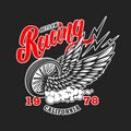 Custom motorcycles. Poster template with winged wheel. Design element for poster, logo, label, sign, badge.