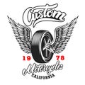 Custom motorcycles. Poster template with winged wheel. Design element for poster, logo, label, sign, badge.