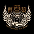 Custom motorcycles. Winged motor on dark background. Design element for logo, label, emblem, sign, poster.