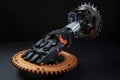 custom robotic hand with saw blade and power drill