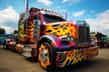 Custom semi truck with vibrant flame paint job. Generative AI Royalty Free Stock Photo