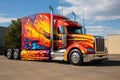 Custom semi truck with vibrant flame paint job. Generative AI Royalty Free Stock Photo