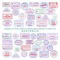 Custom vector typical artistic passport arrival and departure stamps variations set for Australia