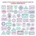 Custom vector typical artistic passport arrival and departure stamps variations set for Czech Republic