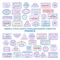 Custom vector typical artistic passport arrival and departure stamps variations set for France