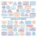 Custom vector typical artistic passport arrival and departure stamps variations set for Greece Royalty Free Stock Photo