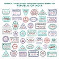 Custom vector typical artistic passport arrival and departure stamps variations set for India Royalty Free Stock Photo