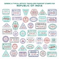 Custom vector typical artistic passport arrival and departure stamps variations set for India