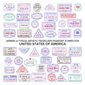 Custom vector typical artistic passport arrival and departure stamps variations set for USA Royalty Free Stock Photo