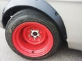 Custom wheel car, wide bright red razvarka, auto tuning