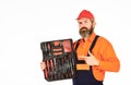 Custom Woodworkers. Set of tools. Screwdrivers set. Man carries toolbox white background. Worker repairman handyman