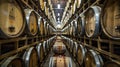 A custombuilt temperaturecontrolled barrel room stacked with oak barrels full of barrelaged beer