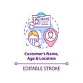 Customer age, name and location concept icon