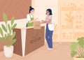 Customer and assistant at eco store flat color vector illustration