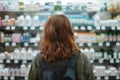 Customer with backpack browsing shelves in pharmacy Royalty Free Stock Photo