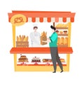 Customer in bakery shop buying fresh and organic bread or cake isolated on white, flat cartoon illustration of local Royalty Free Stock Photo