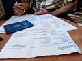 A customer of the Belarusian state airline Belavia fills out an application in connection with a flight cancellation