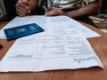 A customer of the Belarusian state airline Belavia fills out an application in connection with a flight cancellation