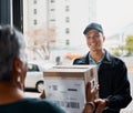 Customer, box and delivery man giving package at home from courier company with friendly service. Logistics worker at Royalty Free Stock Photo
