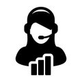 Customer care icon vector female data support service person profile avatar with headphone and bar graph for online assistant