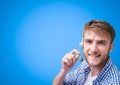 Customer care service man with blue background Royalty Free Stock Photo