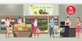 Customer and cashier in supermarket, people shopping at grocery store, character cartoon Vector illustration Royalty Free Stock Photo