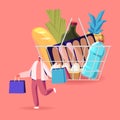 Customer Character in Grocery Supermarket with Goods in Shopping Trolley Holding Packages in Hands. Man Visiting Store Royalty Free Stock Photo