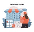 Customer churn concept. Concerned woman observing store's dwindling sales.