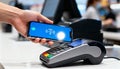 customer completes quick nfc transaction, customer authorizes purchase seamlessly via nfc at retail point, contactless payment is Royalty Free Stock Photo