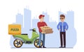 Customer delivery character. Courier handing pizza to client on cityscape background, express food shipping on moped