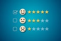 Customer evaluation concept. Check mark to select smile face with five stars and light on blue background.