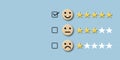 Customer evaluation concept. Check mark to select smile face with five stars on pastel blue background.