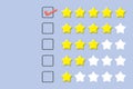 Customer evaluation concept. Check mark with yellow five stars on pastel purple background.