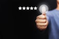 Customer evaluation feedback. men Giving Positive Review for Client's Satisfaction Surveys. giving a five star rating. Royalty Free Stock Photo