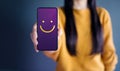 Customer Experience Concept, Happy Woman Show Smiley Face for he Royalty Free Stock Photo