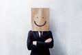 Customer Experience Concept, Portrait of Happy Businessman Client with Smiley Face Emotion on Paper Bag, Crossed arms and wearing