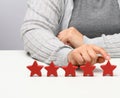 Customer experience feedback concept. Five red stars, the best rating of excellent services with a female hand to meet. White Royalty Free Stock Photo