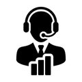 Customer experience icon vector male data support service person profile avatar with headphone and bar graph for online assistant