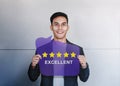 Customer Experiences Concept. Happy Client Showing Five Stars Rating and Positive Review