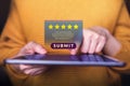 Customer Experiences Concept. Happy Client using Digital Tablet to Sending a Positive Review. Satisfaction Royalty Free Stock Photo