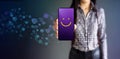 Customer Experiences Concept. Happy Female Client Giving Smiling Emoticon Rating, Positive Review via Smartphone. Client`s