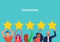 Customer feedback concept art, many people hold yellow rating stars. Copy space. Text star rating. Blue background. Flat style